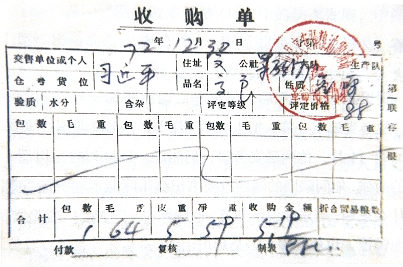 1972年12月30日，習(xí)近平交售了59斤公糧的收購(gòu)單。