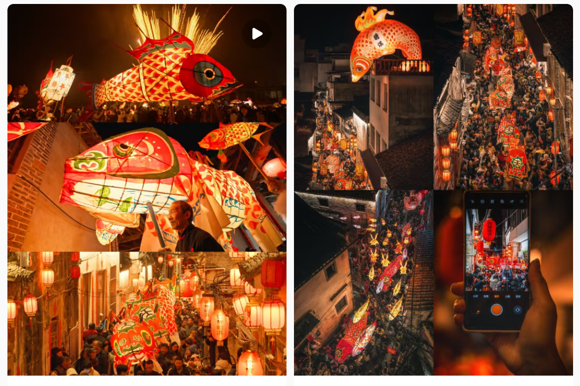 魚(yú)燈相關(guān)視頻、圖片獲得數(shù)萬(wàn)點(diǎn)贊。社交媒體截圖